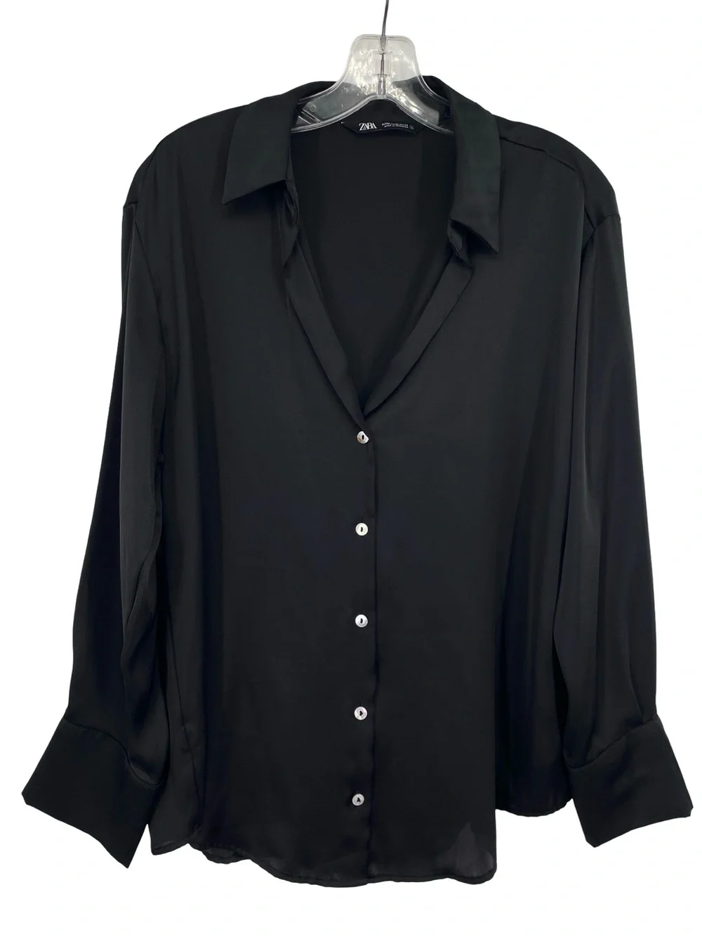 Zara Black Satin Button Down V Neck Blouse Size Medium - Picture 7 of 9